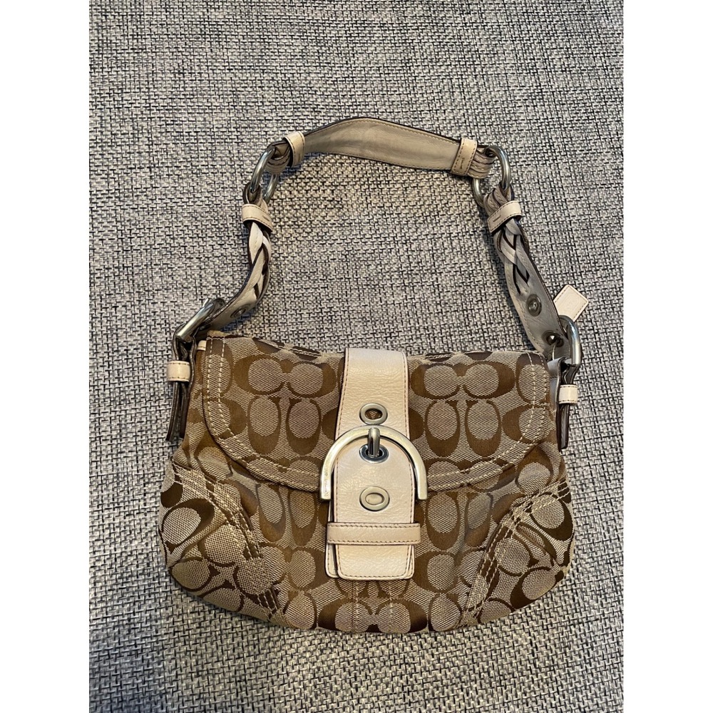 Coach Soho Signature Buckle Flap Bag Khaki Brown Canvas Braided Strap 6171